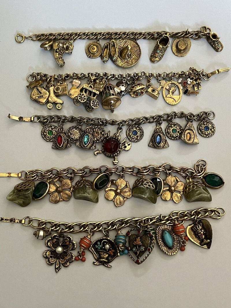 Vintage Gold Tone Charm Statement Bracelets Lot Of 5~ Lots Of Charms!