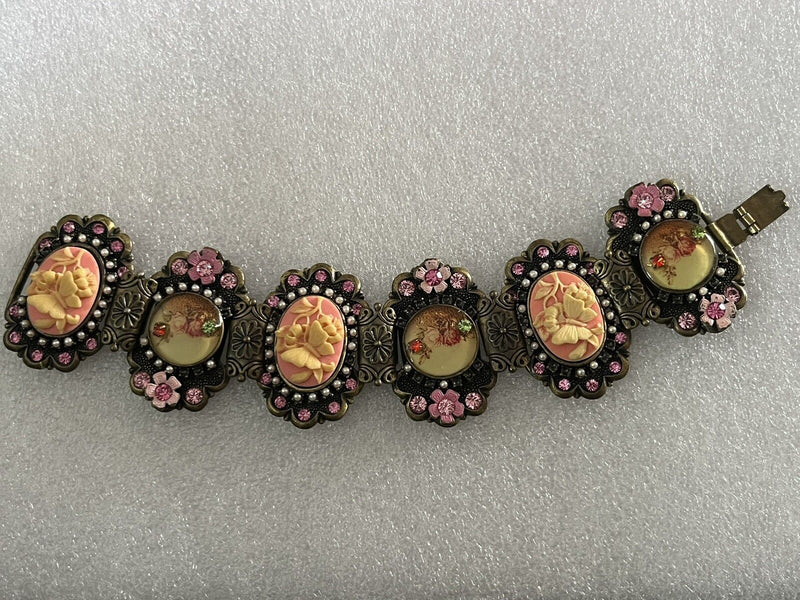 Antique Victorian Porcelain Rhinestone Floral Link Panel Bracelet 7.5”~Highend~