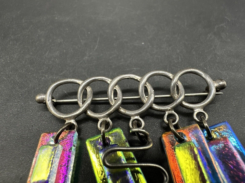 Vintage Sterling Silver Geometric Shapes on Bar Dichroic Handmade Brooch