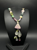 Vintage Stone Crystal Quartz Beaded Multi Gemstone Pendant Necklace 24”