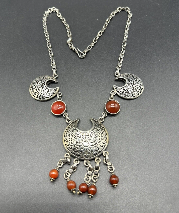 19” Sterling Silver Tribal Ethnic Carnelian Statement Necklace 19" Long