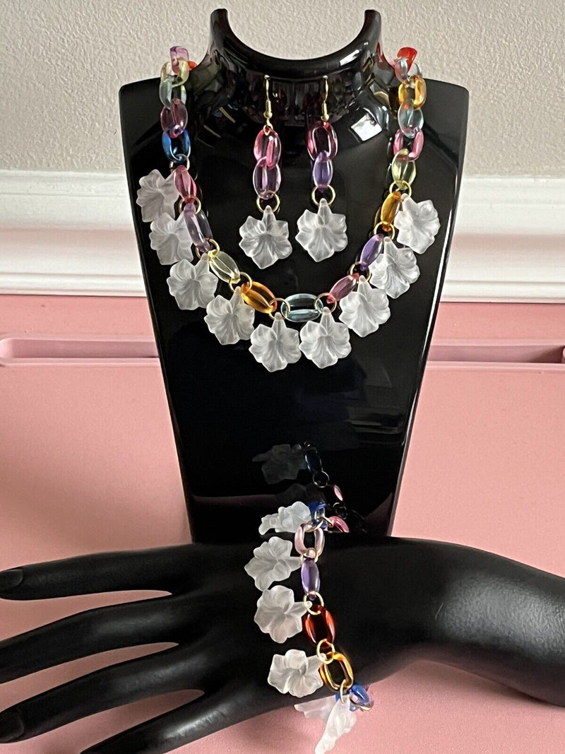 Fun Acrylic Statement Necklace Bracelet & Earrings Handmade Jewelry Set 15”