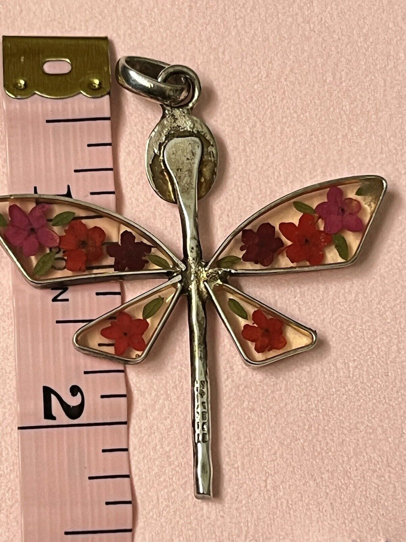 925 Sterling Silver Floral Flower Inlay Dragonfly Pendant 2.25”