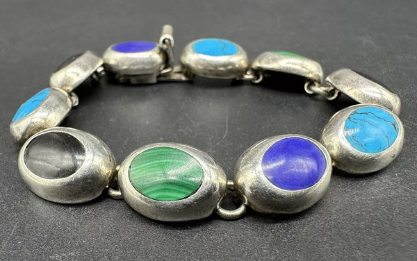 MEXICO TAXCO STERLING SILVER TURQUOISE LAPIS LAZULI MALACHITE BRACELET 6.25”