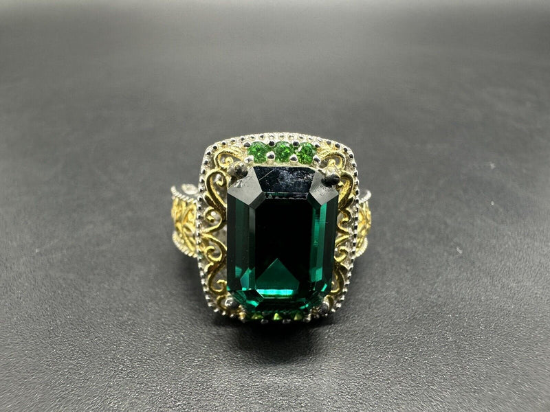 Antique Art Deco Sterling Silver marked two tone Emerald? Ring 7.5”