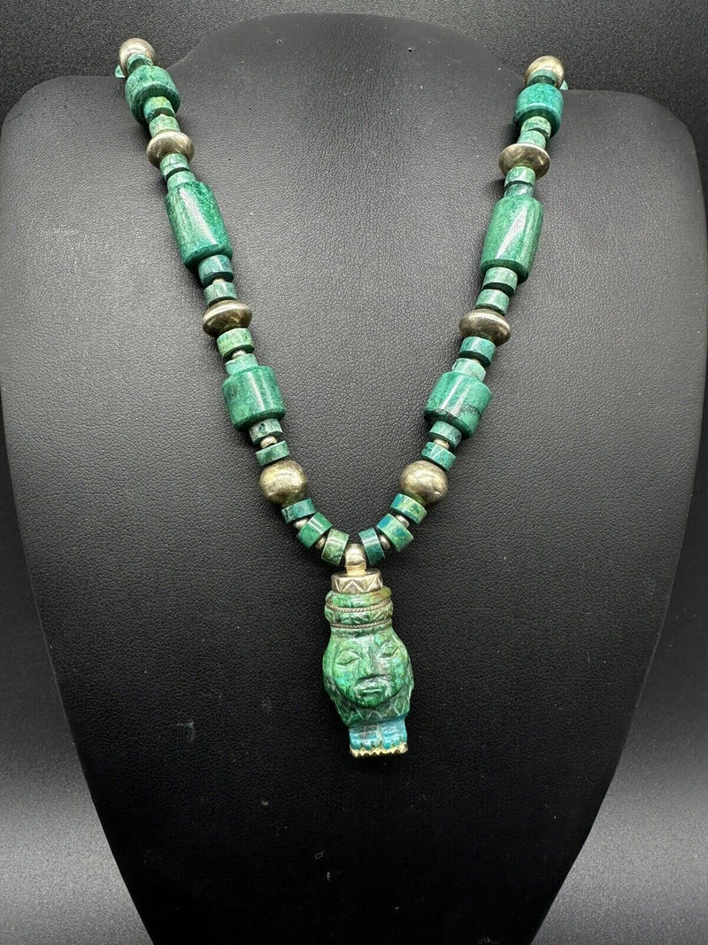 Vintage Carved Malachite Aztec? Sterling Silver Gemstone Bead Necklace 59g 20”