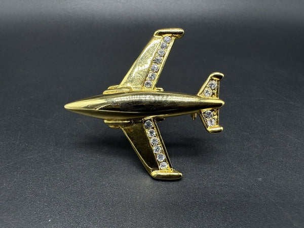 Kirks Folly Airplane Brooch Gold Tone Rhinestone