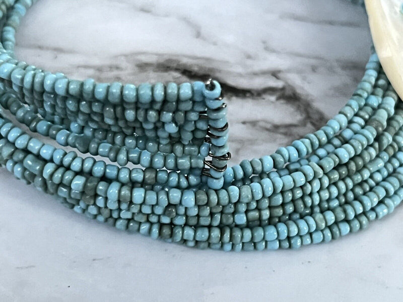 Mother Of Pearl Faux  Turquoise Seed  Memory Wire Flex Wrap Necklace 15” Long