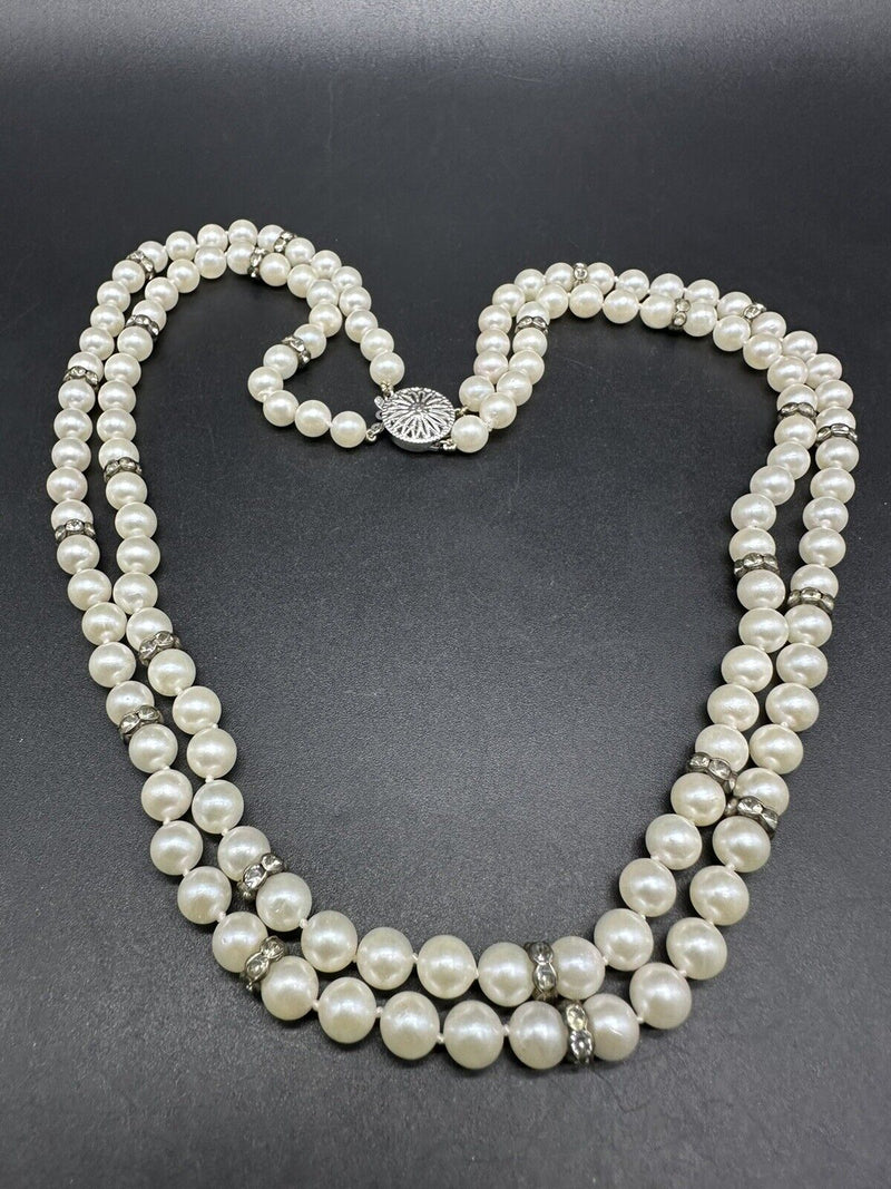 Vtg Double Strand Imitation Pearl Necklace Estate Jewelry Crystal Spacers 18”