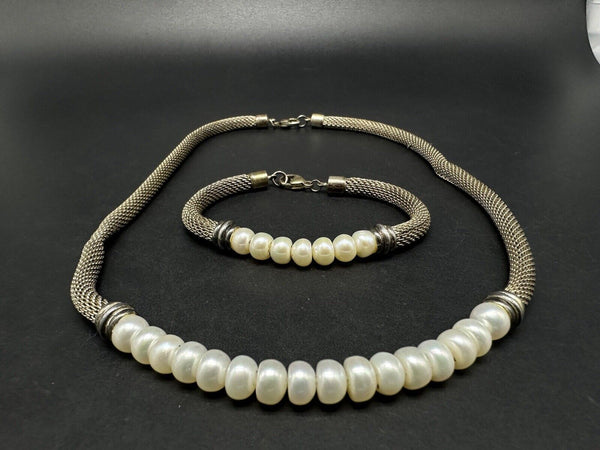Sterling Silver Mesh & Freshwater Pearl Necklace 18” & Bracelet Set