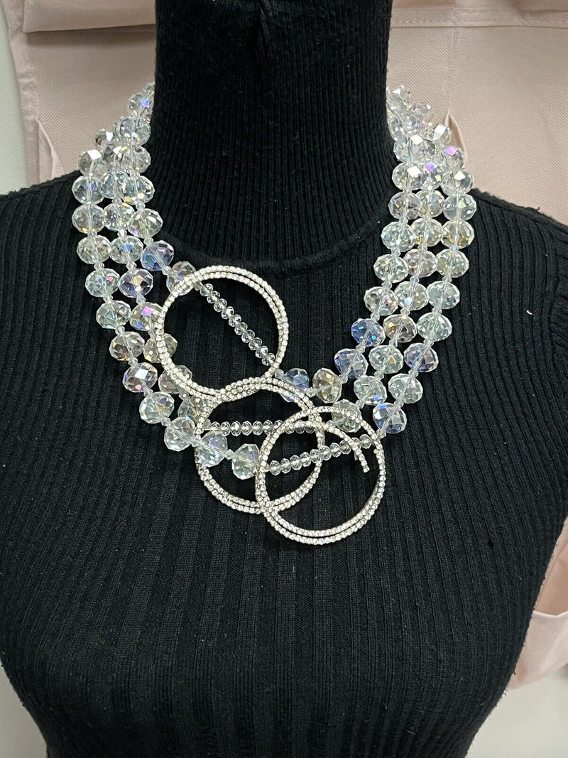 VTG Crystal Necklace Clear Aurora Borealis Statement Rhinestone Multi Strand 20"