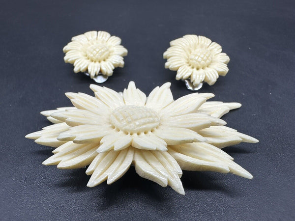 Vintage Celluloid White Layered Flower Carved Brooch & Earrings Set