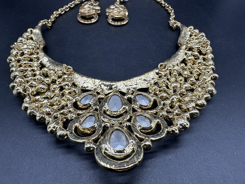 Vintage Statement Bridal Wedding Party Crystal Necklace Earrings Jewelry Set 17”