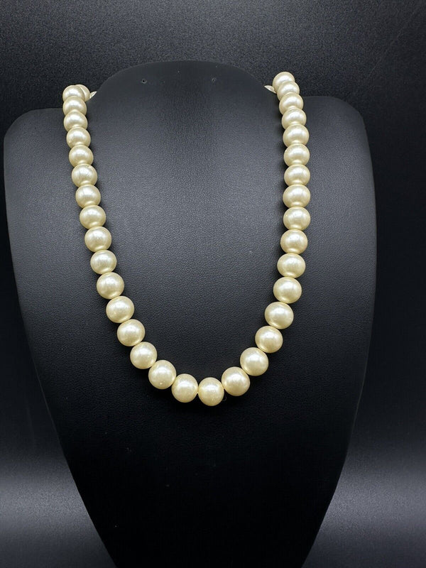 Vintage Faux Pearl Necklace Sterling Silver Clasp -15” Long