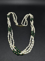 Vintage Estate 24” 3 Strand Rice Pearls Malachite Bead Necklace