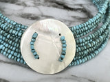 Mother Of Pearl Faux  Turquoise Seed  Memory Wire Flex Wrap Necklace 15” Long