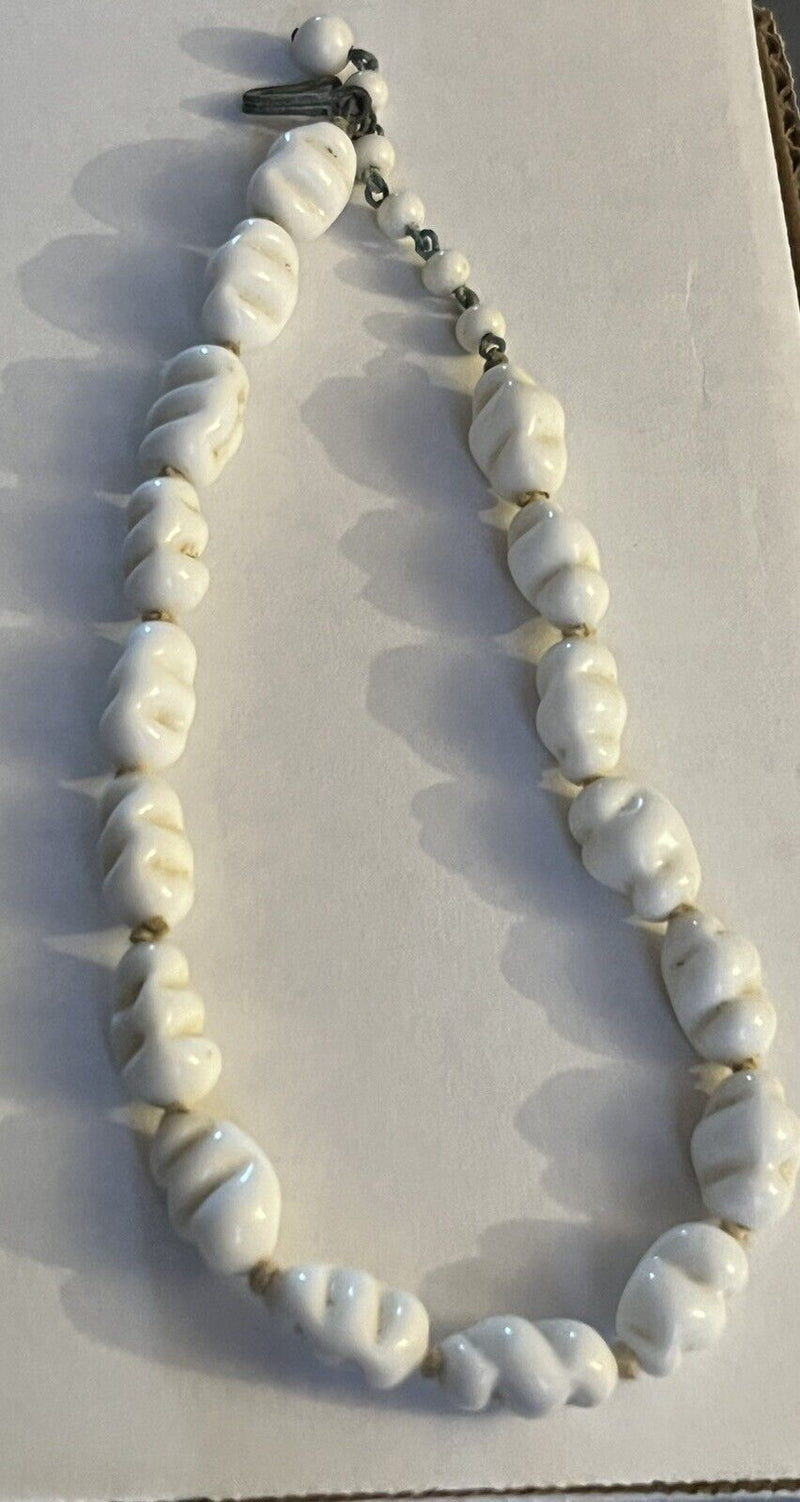 Vintage Miriam Haskell? White Milk Glass Necklace Twisted Glass Hand Knotted 15”