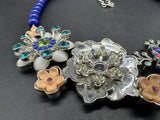 LIA SOPHIA SILVER-TONE BLUE BEAD NECKLACE FLOWER ACRYLIC RHINESTONE PENDANT