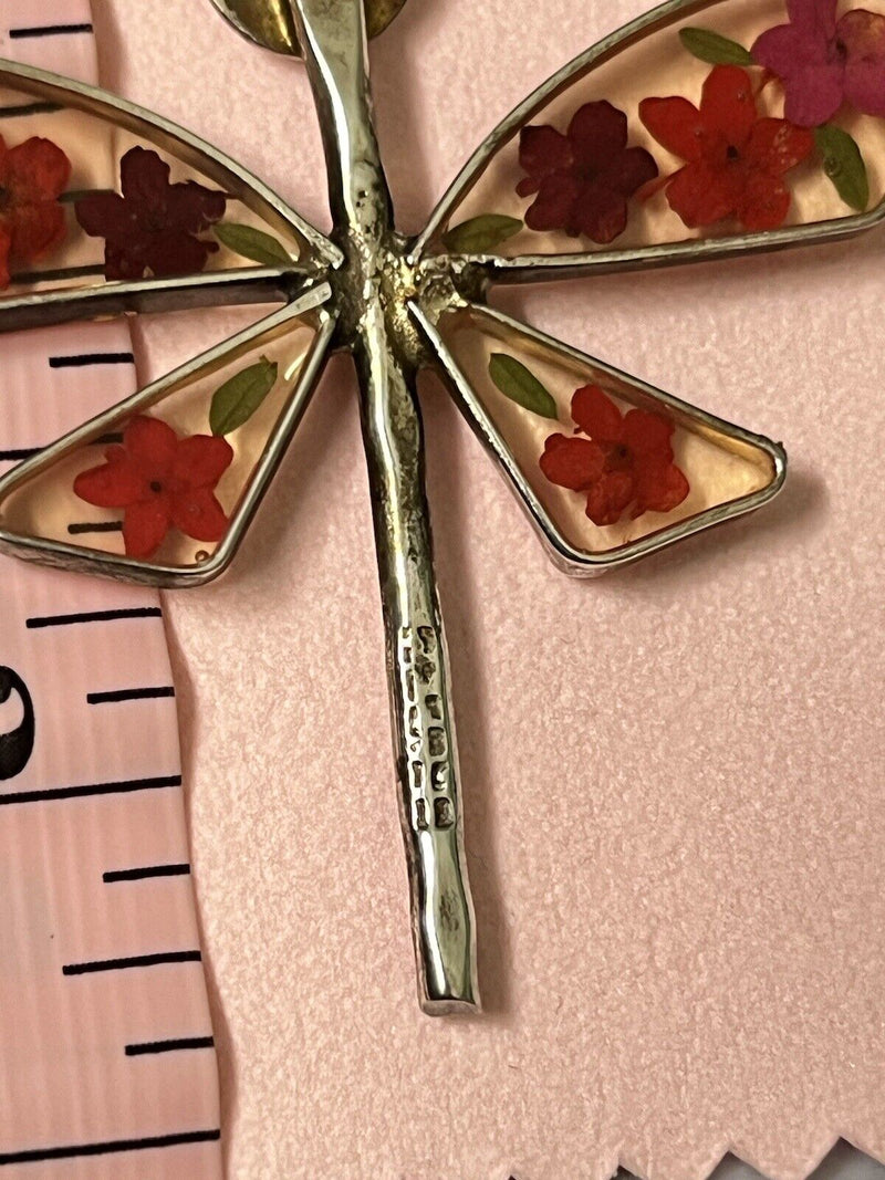 925 Sterling Silver Floral Flower Inlay Dragonfly Pendant 2.25”