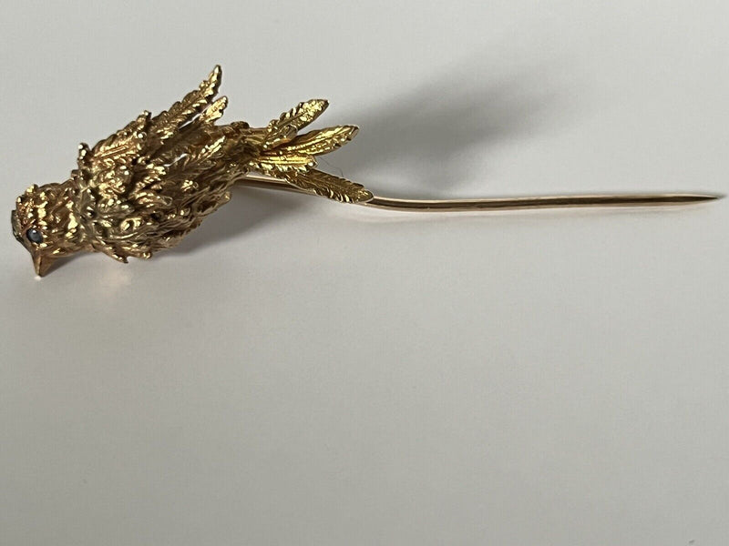 Vintage 14k Yellow Gold & Topaz 3D Figural Bird Designed Stick Pin~6 Grams~2.5”