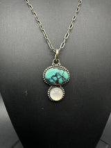 Navajo Native American Sterling Silver Web Turquoise Pendant Necklace 16”~10g