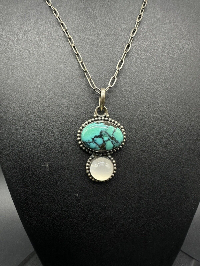 Navajo Native American Sterling Silver Web Turquoise Pendant Necklace 16”~10g