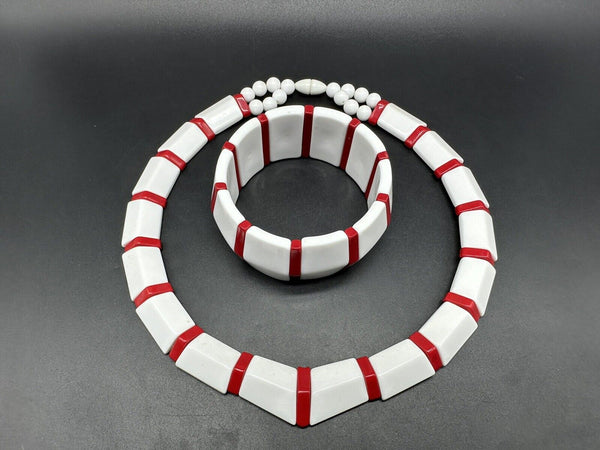 Vintage Lucite White and Red Necklace 19”  & Bracelet 8” Set