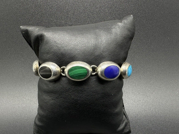 MEXICO TAXCO STERLING SILVER TURQUOISE LAPIS LAZULI MALACHITE BRACELET 6.25”