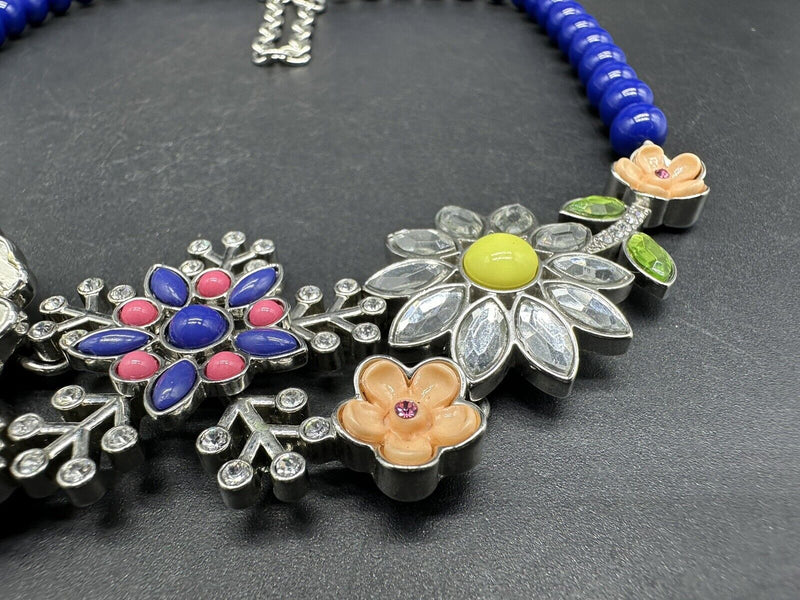 LIA SOPHIA SILVER-TONE BLUE BEAD NECKLACE FLOWER ACRYLIC RHINESTONE PENDANT