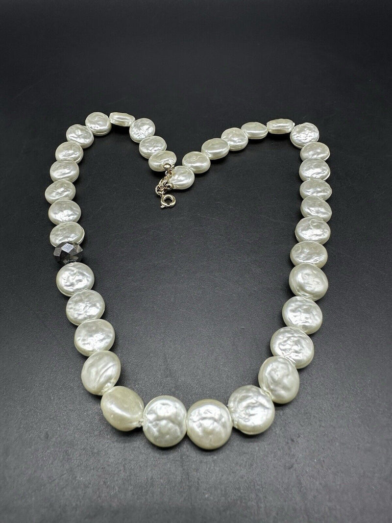 18" White 12mm Flat Genuine Pearl & Crystal Elegant Necklace