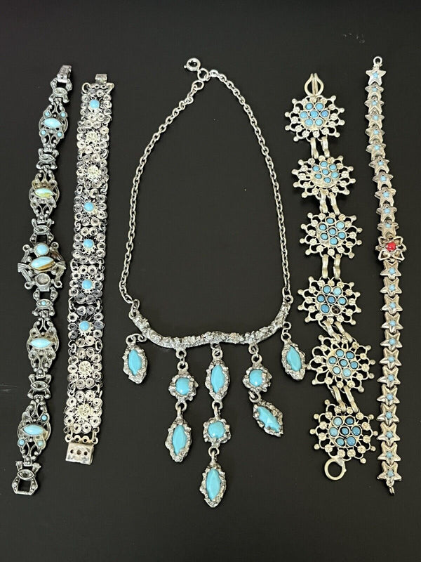 Vintage Victorian Turquoise Faux Stone Lot Of Jewelry~ Missing Stones