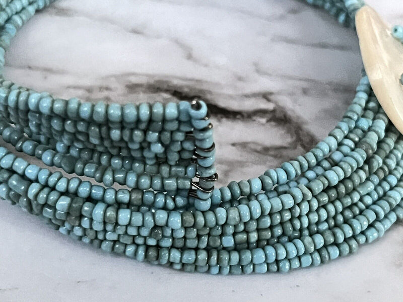 Mother Of Pearl Faux  Turquoise Seed  Memory Wire Flex Wrap Necklace 15” Long