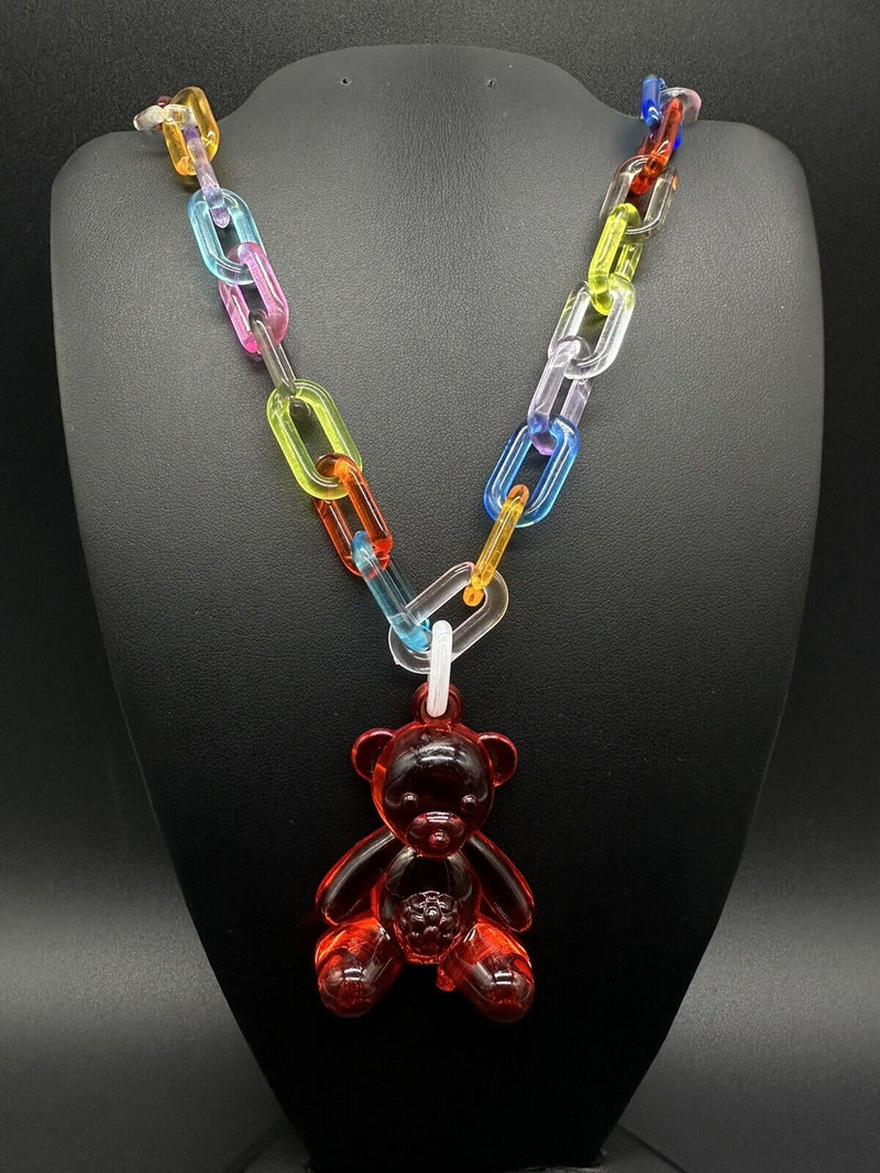 Acrylic Cable Link Chain Crystal Bear Pendant Necklace 17” Long