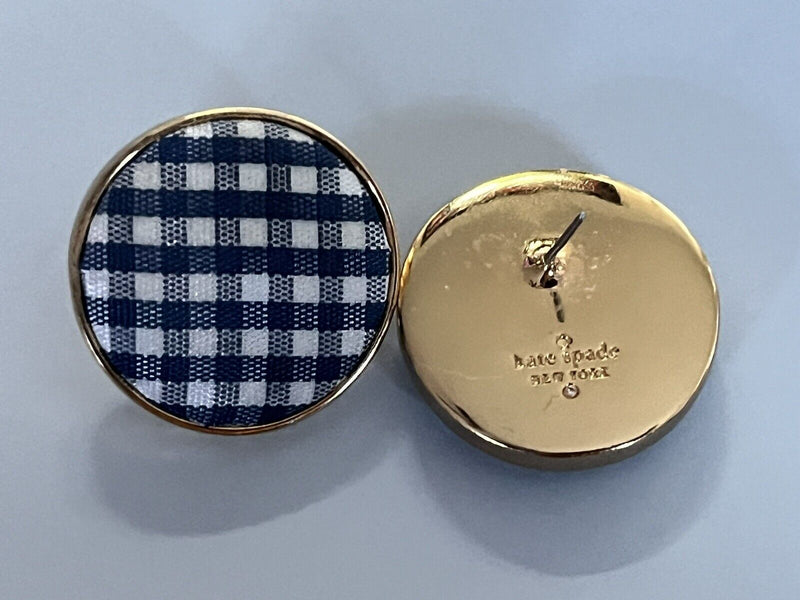 Kate Spade Set Sail Button Earrings  Fabric Checked Gold Tone Blue