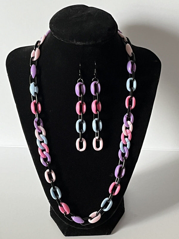 Acrylic Statement Necklace 22” & Earrings 3.25” Handmade Jewelry Set~Cute!!!