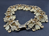 Vintage Thermoplastic  Gold Tone Bracelet White Flower with Crystals 7”