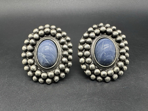 Vintage Clip On Earrings Sterling Silver Blue Oval Stone