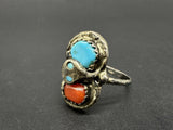 Navajo Turquoise Coral Sterling Silver Effie Zuni Ring Sz7.25