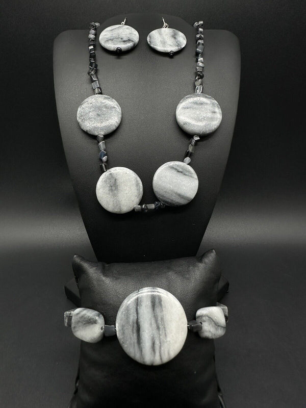 Italian Marble & Czech Glass  Necklace Bracelet & Earrings Set 16”