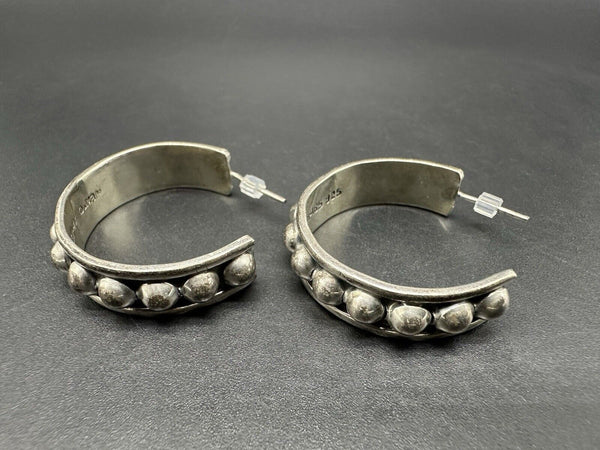 Mexico Sterling Silver Beaded Hoop Earrings 16Gs