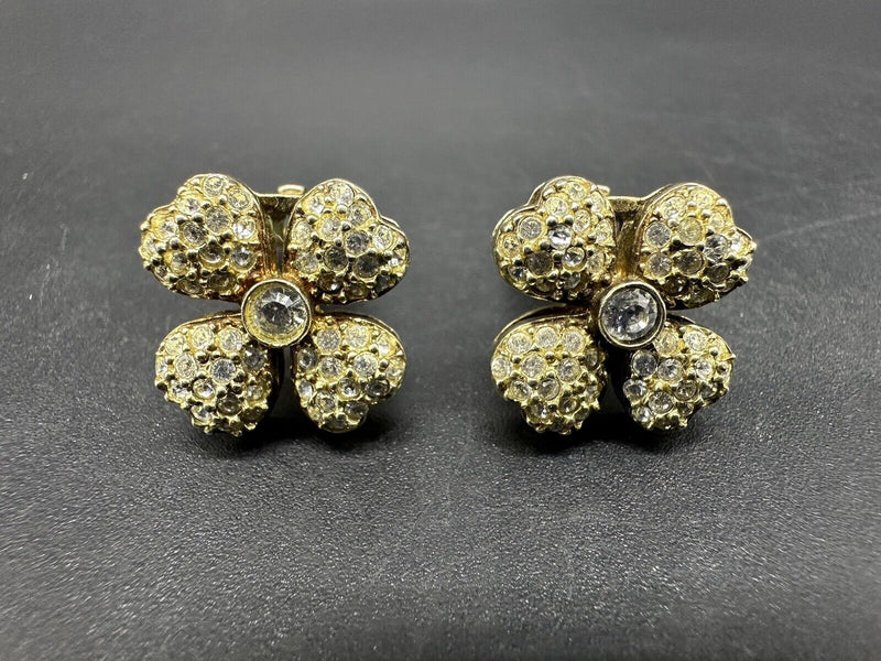 925 Sterling Silver Gold Tone Crystal Clip On Flower Earrings