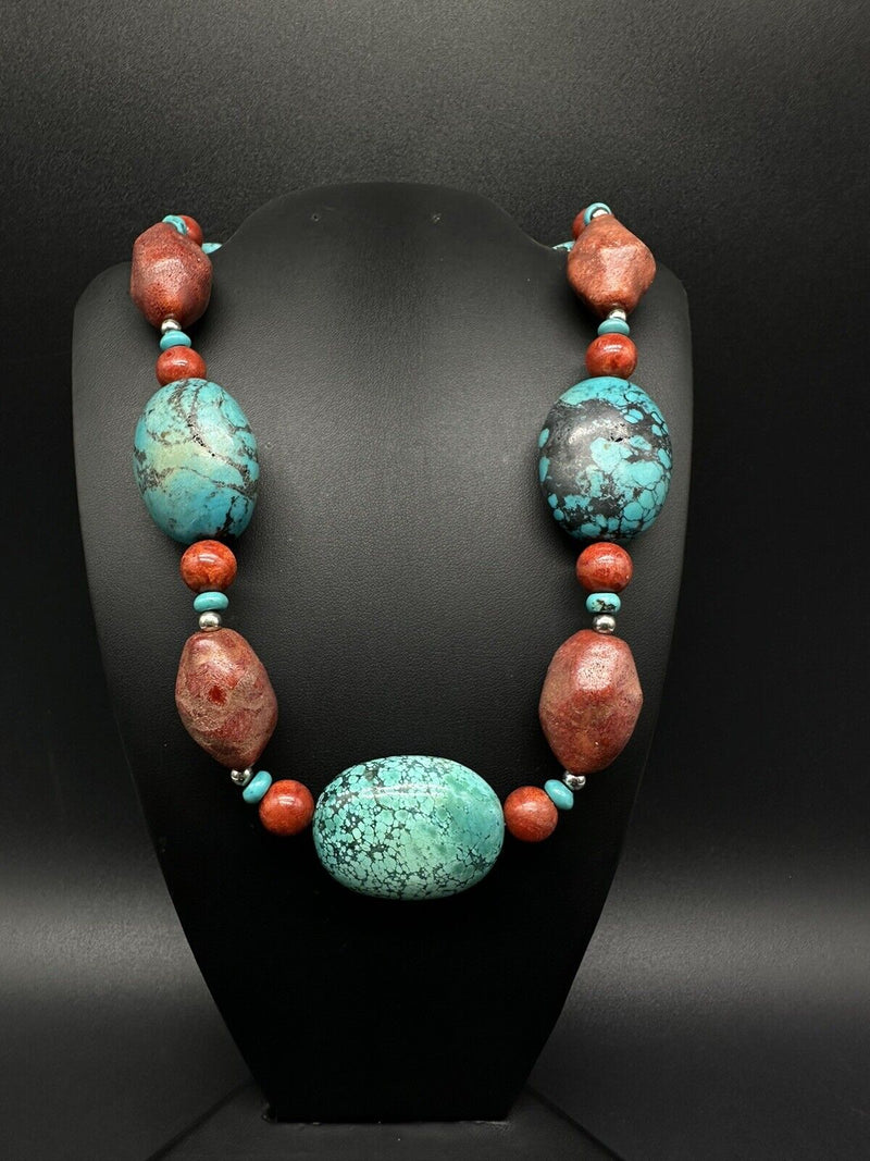 925 Sterling Silver Chunky Turquoise and Apple Coral Bead Necklace 20”