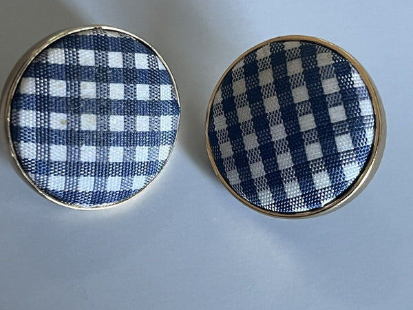 Kate Spade Set Sail Button Earrings  Fabric Checked Gold Tone Blue