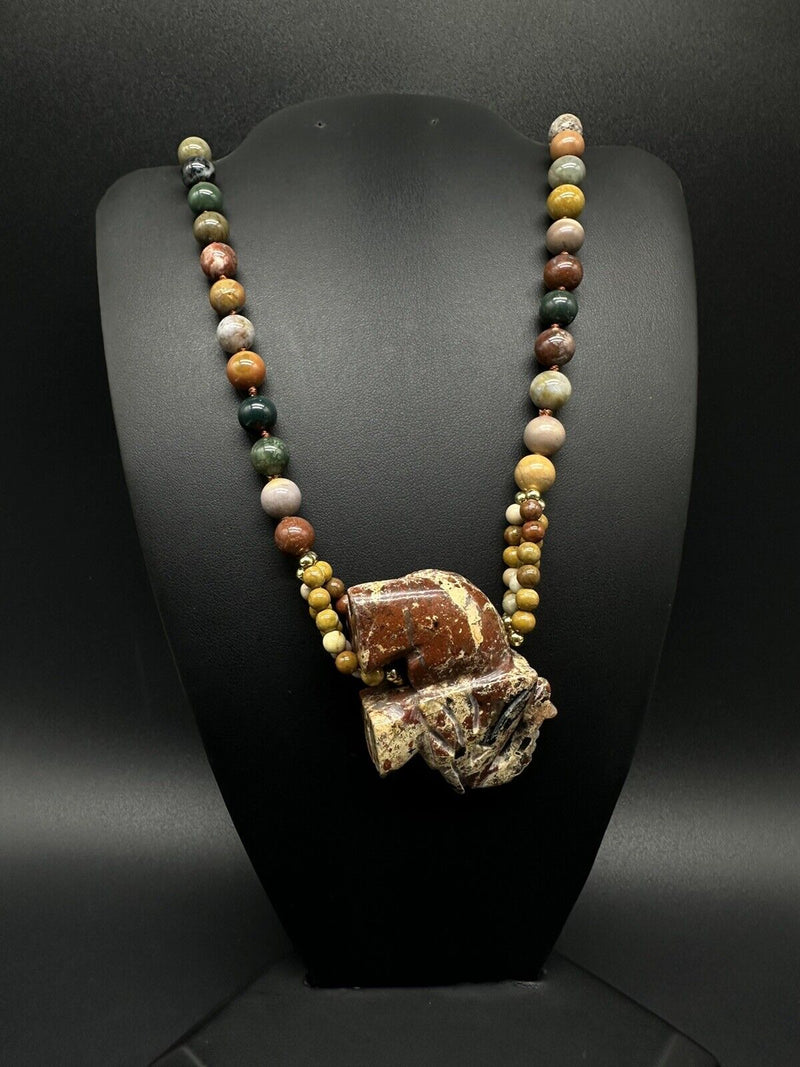 Elephant Pendant Multi Color Round Beads Agate 28” Long Necklace