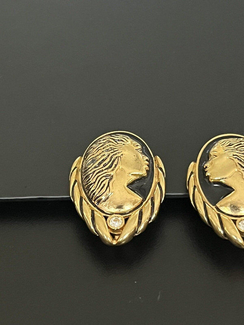 Signed Coreen Simpson Cameo Clipon Black Gold Tone Earrings