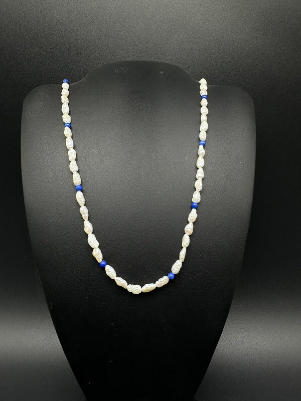 VINTAGE 14K YELLOW GOLD FRESHWATER SEED PEARL LAPIS LAZULI 16” Necklace