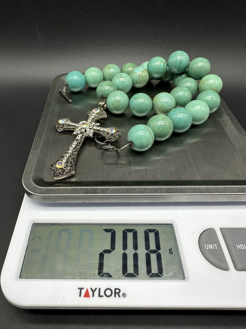 Chunky Faux Turquoise Beaded Cross Necklace 18”