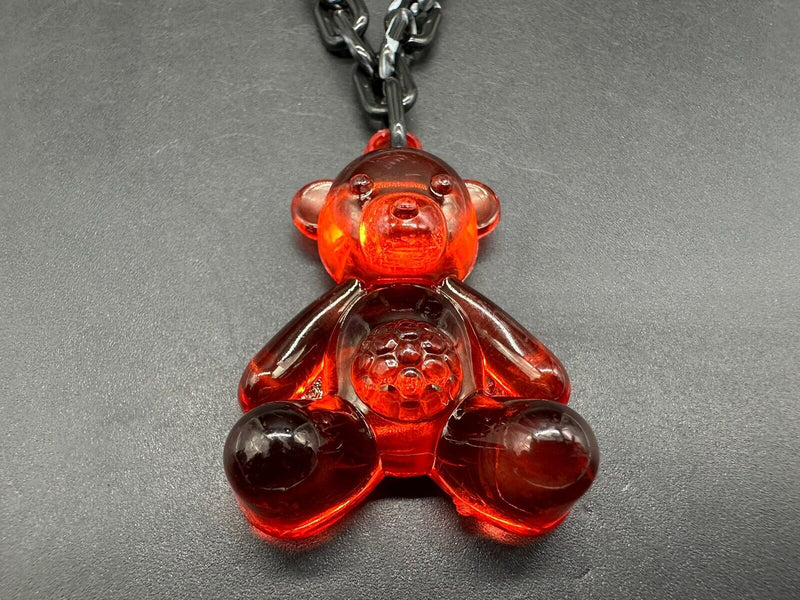 Acrylic Cable Link Chain Red Crystal Bear Pendant Necklace 17” Long Black