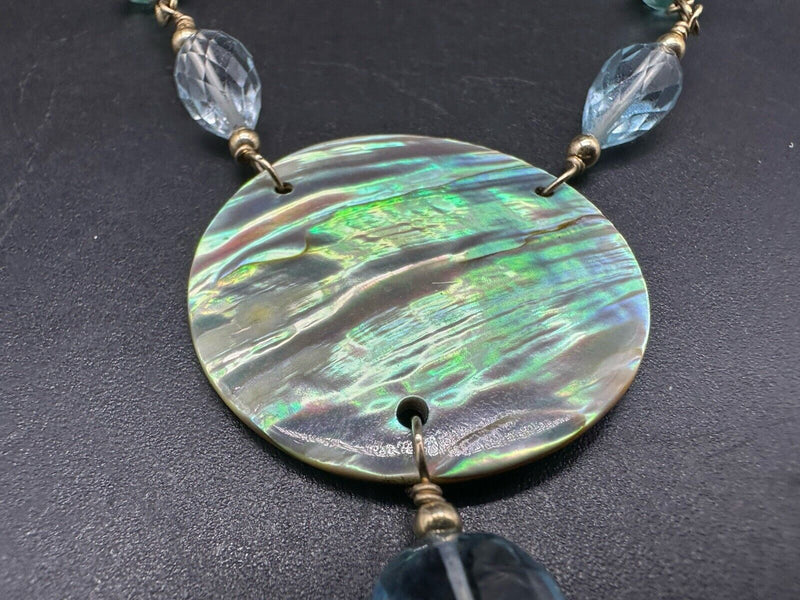 Vintage 925 Vermeil Statement Abalone Y-Drop Chandelier Elegant Necklace 32"