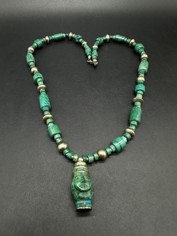 Vintage Carved Malachite Aztec? Sterling Silver Gemstone Bead Necklace 59g 20”